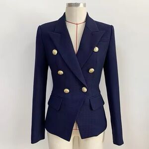 Navy Blue Collared Double Breasted Slim Fit
Textured Cotton Gold Buttons Blazer